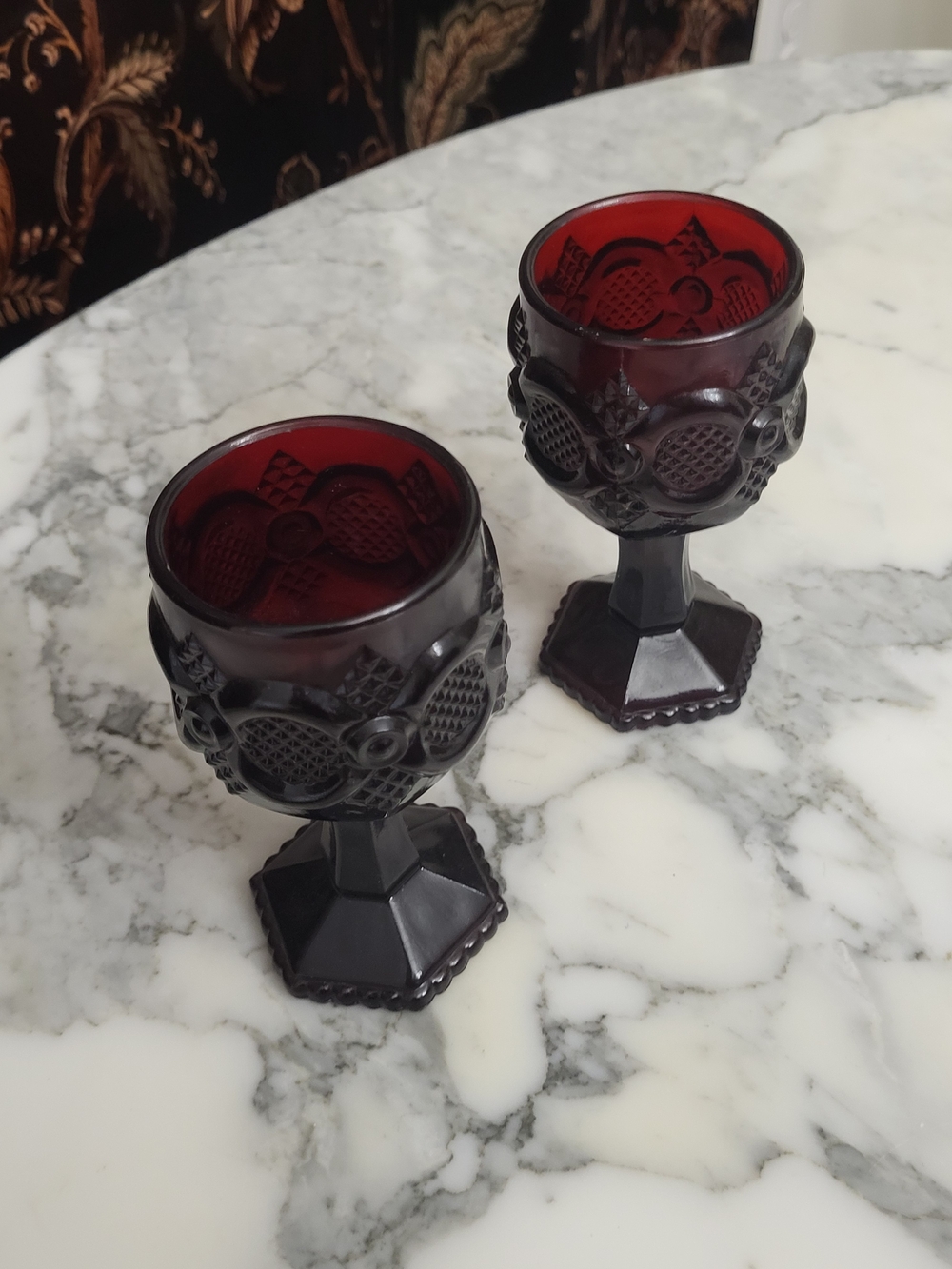 Vintage Avon Deep Ruby Red Pressed-Glass Goblet Pair